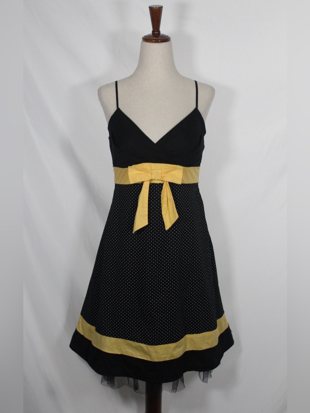 y2k 2000s Ruby Rox Black Polka Dot Mini Dress with Yellow Sash & Trim